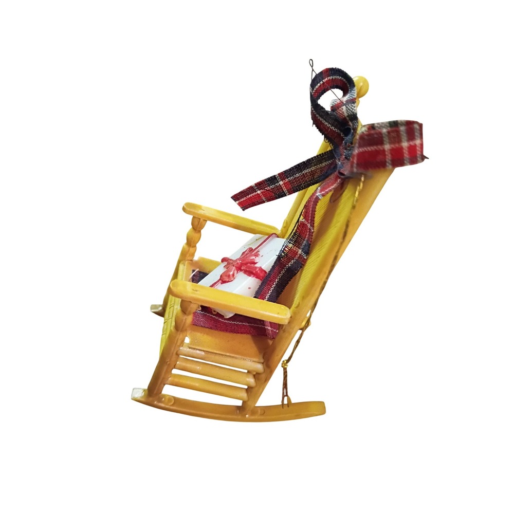 CHRISTMAS Vintage Yellow Miniature Rocking Chair Ornament and Plaid Bow